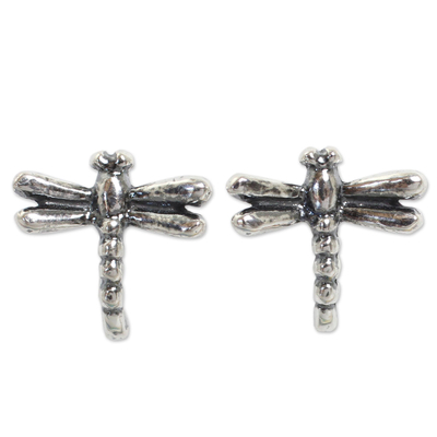 Sterling silver button earrings, 'Baby Dragonfly' - Silver Button Earrings