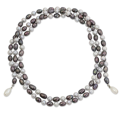 Cultured pearl strand necklace, 'Iridescent Versatility' - Hand-knotted Long Pearl Strand Necklace in White and Grey