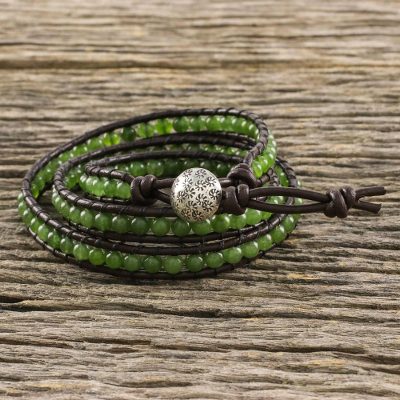 Quartz wrap bracelet, 'Thai Fields' - Green Quartz Wrap Bracelet with Silver Hill Tribe Button