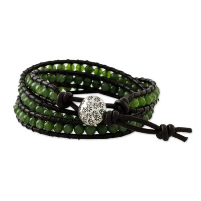 Quartz wrap bracelet, 'Thai Fields' - Green Quartz Wrap Bracelet with Silver Hill Tribe Button