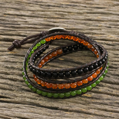 Carnelian and onyx wrap bracelet, 'Contrasts' - Multigem Handcrafted Bracelet with Hill Tribe Silver Button