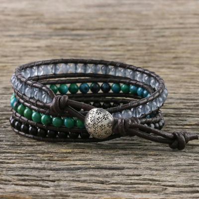 Onyx and serpentine wrap bracelet, 'Rhythm of the Season' - Thai Handcrafted Multi Gemstone and Silver Wrap Bracelet