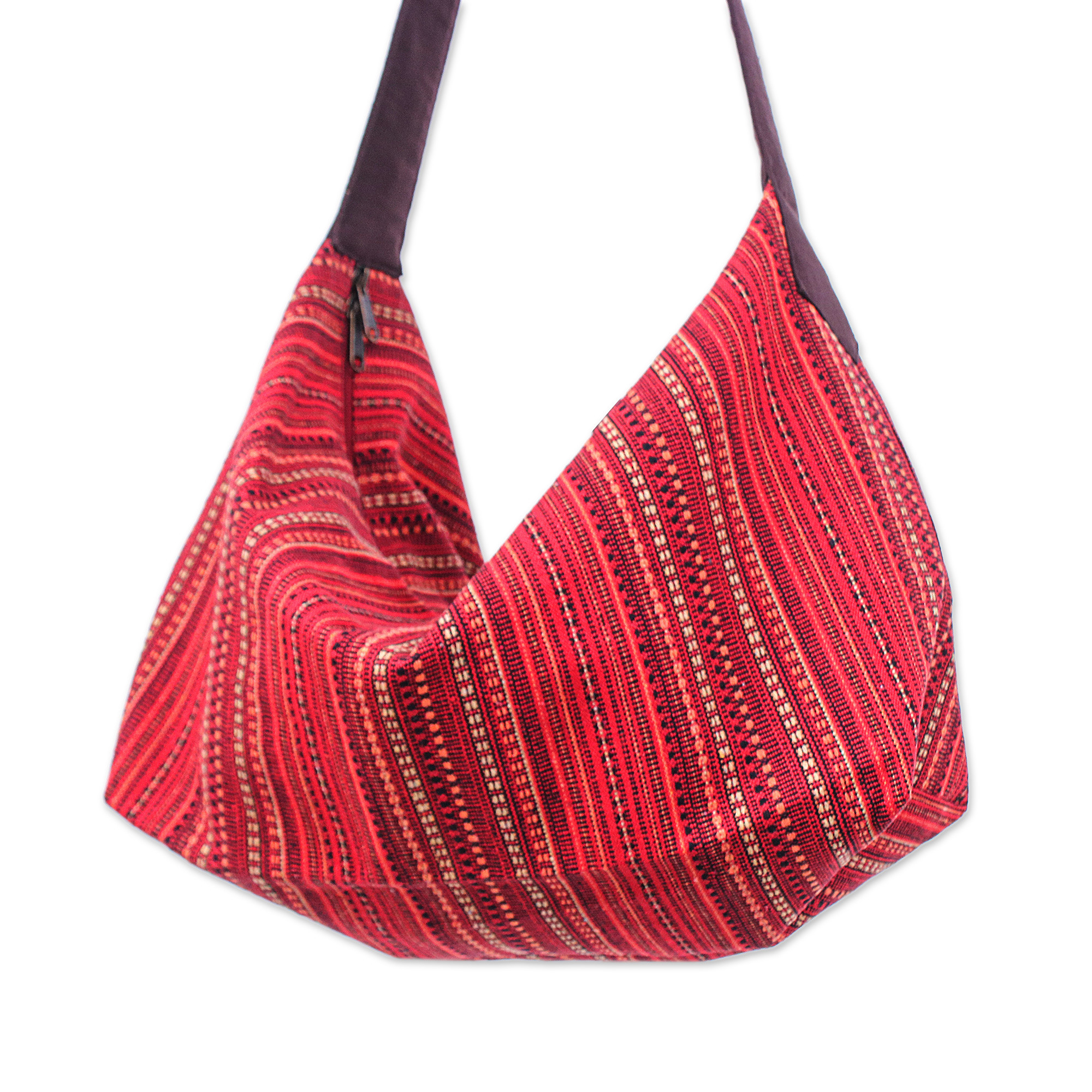 UNICEF Market Handwoven Red Cotton Hobo Bag with Zippered Closure and
