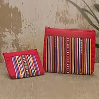 Bolsas de cosméticos de mezcla de algodón, 'Lisu Fire' (par) - Bolsas de cosméticos de mezcla de algodón con apliques Hill Tribe (par)