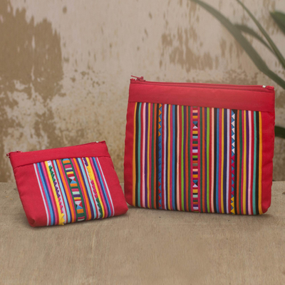 Cotton blend cosmetic bags, 'Lisu Fire' (pair) - Cotton Blend Cosmetic Bags with Hill Tribe Applique (pair)