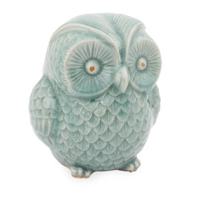Blue Celadon Ceramic Owl Figurine