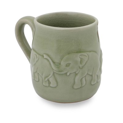 Taza de cerámica Celadon, 'Jade Elephant Parade' - Taza de cerámica Celadon esmaltada hecha a mano (9 oz)