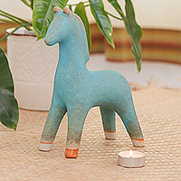 Escultura en cerámica, 'Lanna Horse' - Escultura artesanal en cerámica azul turquesa y marrón