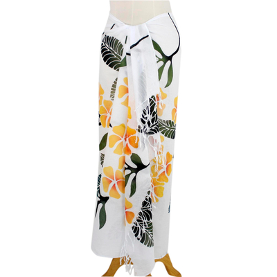 Cotton batik sarong, 'Tropical Plumeria' - Hand-painted Cotton Batik Sarong