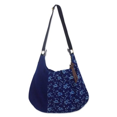 Leather accent cotton hobo handbag, 'Sea of Flowers' - Fair Trade Leather Accent Blue Cotton Hobo Bag