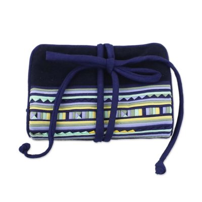 Applique jewelry roll, 'Lisu Cobalt Fantasy' - Fair Trade Hill Tribe Applique jewellery Roll