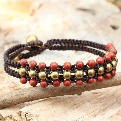 Jasper wristband bracelet, 'Crimson Joy' - Red Jasper and Brass Wristband Bracelet