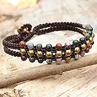 Jasper wristband bracelet, 'Colors of Joy' - Thai Handcrafted Jasper and Brass Beaded Wristband