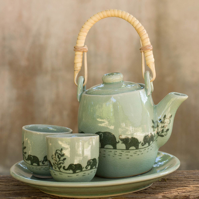 Juego de té de cerámica Celadon, (juego para 2) - Juego de té con temática de elefante celadón tailandés para dos