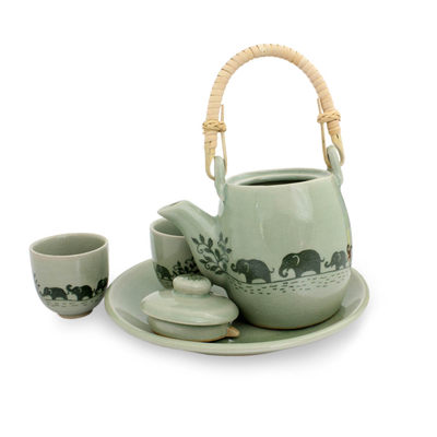 Celadon ceramic tea set, 'Elephant Parade' (set for 2) - Thai Celadon Elephant Theme Tea Set for Two