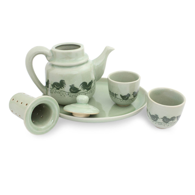 Celadon ceramic tea set, 'Cute Chicks' - Green Thai Celadon Ceramic Tea Set for Two