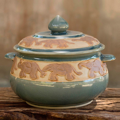 Celadon ceramic covered bowl, 'Blue Elephant Walk' - Handcrafted Blue Thai Celadon Covered Bowl