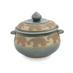 Celadon ceramic covered bowl, 'Blue Elephant Walk' - Handcrafted Blue Thai Celadon Covered Bowl