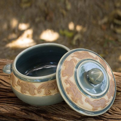 Celadon ceramic covered bowl, 'Blue Elephant Walk' - Handcrafted Blue Thai Celadon Covered Bowl