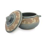 Celadon ceramic covered bowl, 'Blue Elephant Walk' - Handcrafted Blue Thai Celadon Covered Bowl