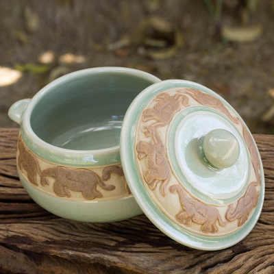 Celadon ceramic covered bowl, 'Green Elephant Walk' - Handcrafted Green Celadon Covered Bowl from Thailand