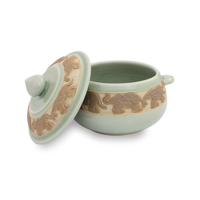 Celadon ceramic covered bowl, 'Green Elephant Walk' - Handcrafted Green Celadon Covered Bowl from Thailand