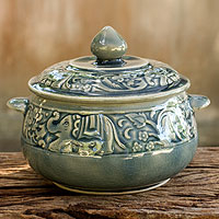 Celadon ceramic covered bowl, 'Blue Elephant Forest' - Crackled Blue Celadon Covered Bowl with Elephants