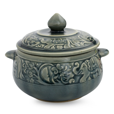 Celadon ceramic covered bowl, 'Blue Elephant Forest' - Crackled Blue Celadon Covered Bowl with Elephants
