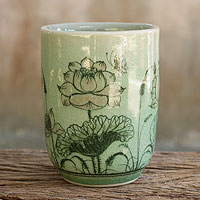 Celadon ceramic teacup, 'Pink Lotus Butterflies'