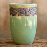 Celadon ceramic teacup, 'Elephant Parade' - Celadon Ceramic Elephant Handleless Teacup from Thailand