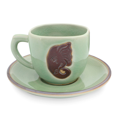 Celadon ceramic cup and saucer, 'Green Thai Elephant' - Green Celadon Elephant Cup and Saucer Set from Thailand