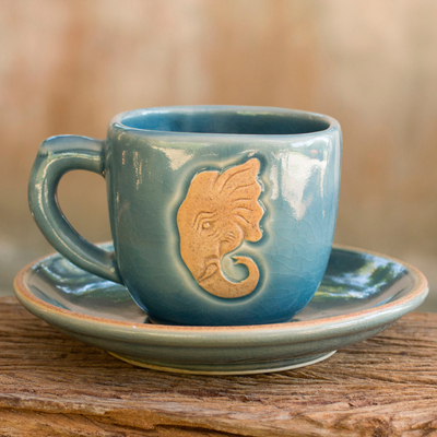 Celadon ceramic cup and saucer, 'Blue Thai Elephant' - Thai Blue Celadon Elephant Cup and Saucer Set