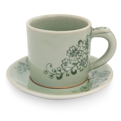 Celadon ceramic demitasse cup and saucer, 'Jade Blossoms' - Hand Painted Green Celadon Espresso Cup and Saucer