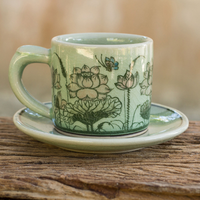 Celadon ceramic demitasse cup and saucer, 'Pink Lotus Butterflies' - Thai Celadon Espresso Cup and Saucer Set