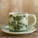 Celadon ceramic demitasse cup and saucer, 'Jade Bamboo' - Celadon Espresso Cup and Saucer from Thailand