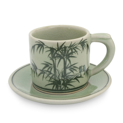 Celadon ceramic demitasse cup and saucer, 'Jade Bamboo' - Celadon Espresso Cup and Saucer from Thailand