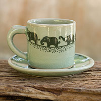 Celadon ceramic demitasse cup and saucer, 'Prancing Elephants'