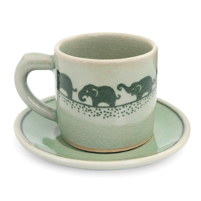 Celadon ceramic demitasse cup and saucer, 'Prancing Elephants' - Green Celadon Elephant Espresso Cup and Saucer