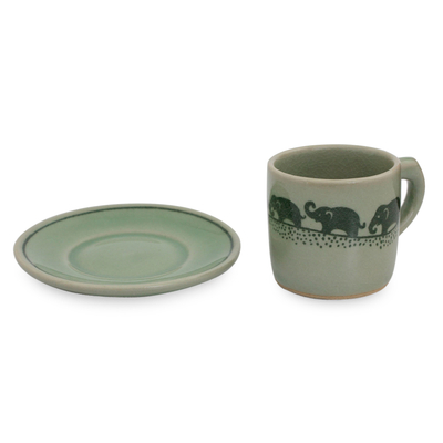 Celadon ceramic demitasse cup and saucer, 'Prancing Elephants' - Green Celadon Elephant Espresso Cup and Saucer