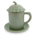 Celadon ceramic covered cup and saucer, 'Green Lotus Leaf' - Thai Green Celadon Ceramic Covered Cup and Saucer