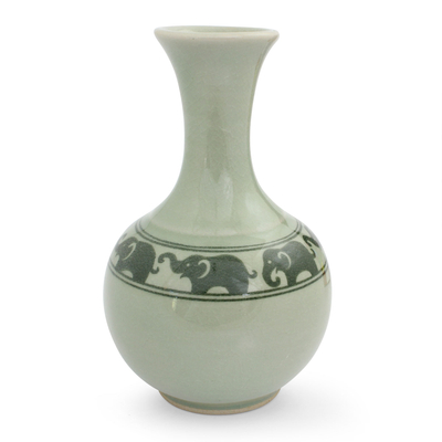 Green Celadon Narrow Neck Elephant Vase from Thailand
