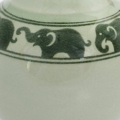 Celadon ceramic vase, 'Green Prancing Elephants' - Green Celadon Narrow Neck Elephant Vase from Thailand