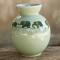 Celadon ceramic vase, 'Prancing Jade Elephants' - Handmade Green Celadon Ceramic Elephant Vase