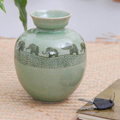 Celadon ceramic vase, 'Prancing Jade Elephants' - Handmade Green Celadon Ceramic Elephant Vase
