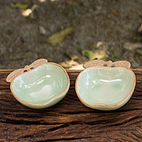 Celadon condiment dishes, 'Autumn Apple' (pair) - Green and Brown Celadon Condiment Dishes (pair)