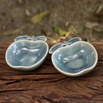 Celadon condiment dishes, 'Blue Apple' (pair) - Blue Celadon Condiment Dish Pair from Thailand