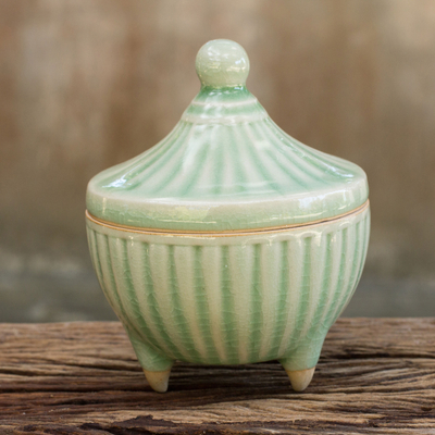 Celadon ceramic jar, 'Temple Spire' - Handcrafted Green Thai Celadon Jar and Lid