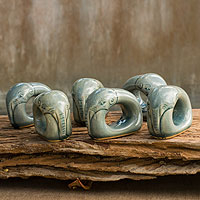 Celadon ceramic napkin rings, 'Guardian Elephant' (set of 6) - Blue Celadon Elephant Napkin Rings (set of 6)
