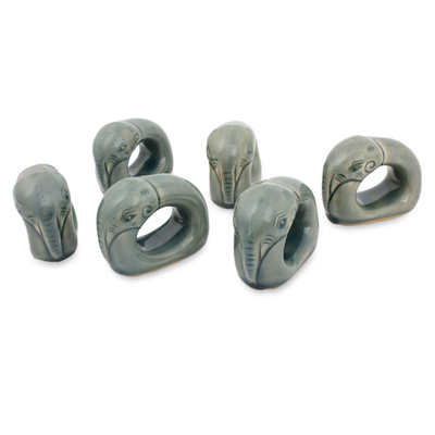 Celadon-Keramik-Serviettenringe, (6er-Set) - blaue Seladon-Elefanten-Serviettenringe (6er-Set)