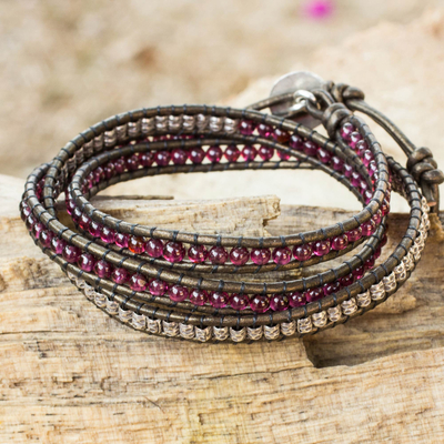 Leather and garnet wrap bracelet, 'Peace' - Fair Trade Leather Garnet and Silver Handcrafted Bracelet